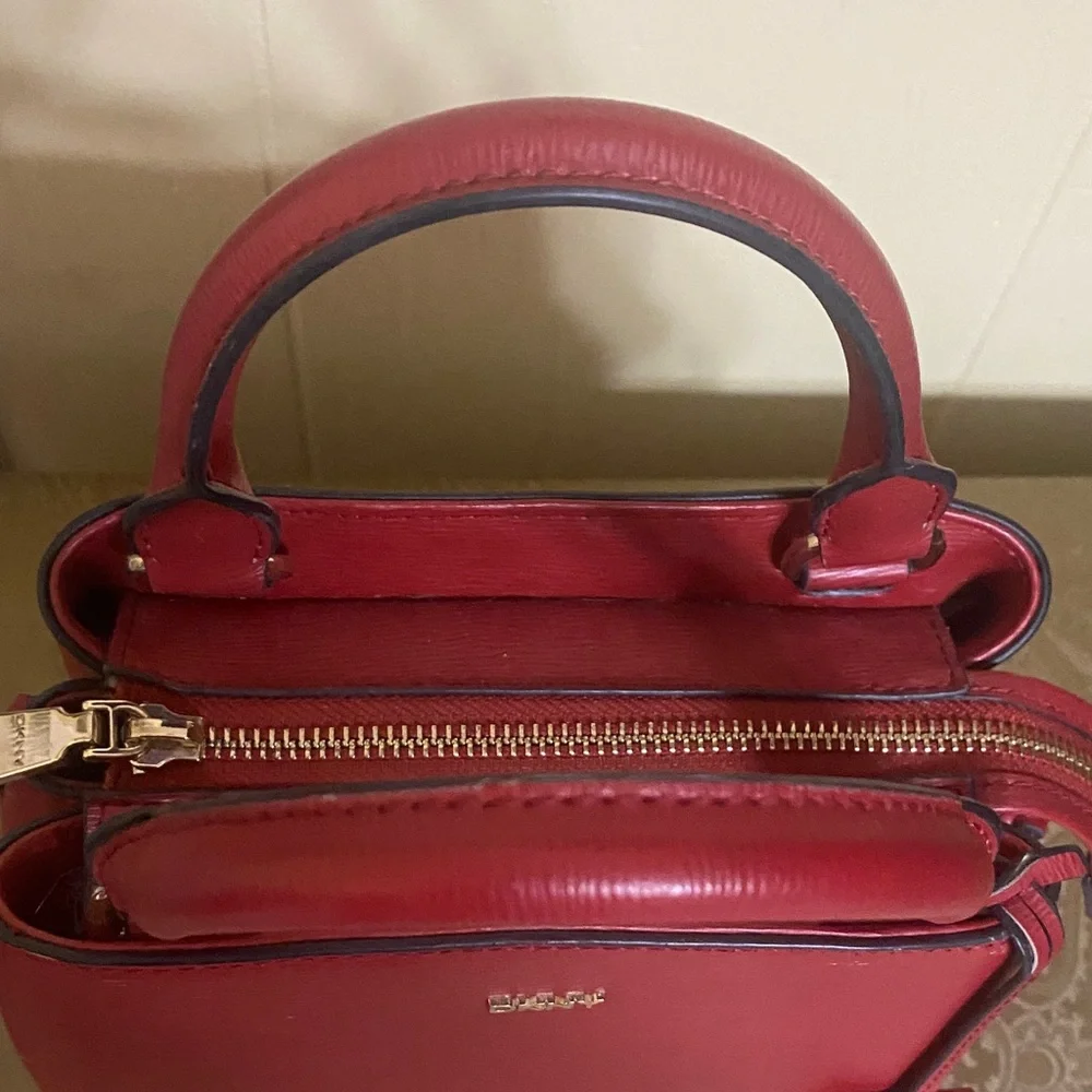 DKNY Cherry Red Saffiano Leather Satchel - Gold Hardware